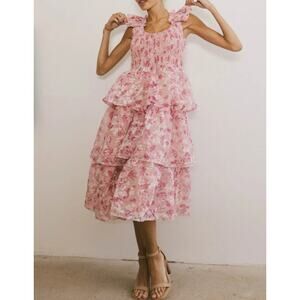 Bohme Absedee Floral Ruffle Tulle Tiered Layers Midi Dress